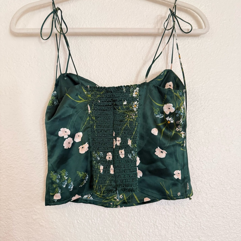 Reformation Silk Floral Camisole Top Emerald Green Daisy Print Smocked Back - Picture 10 of 12